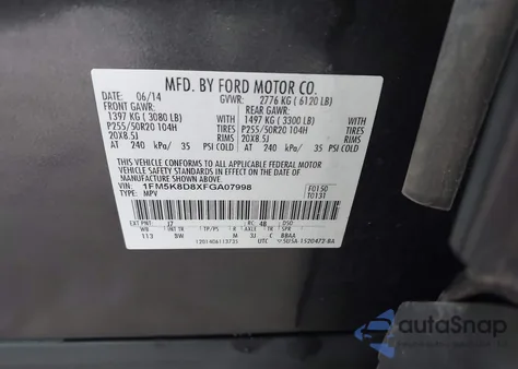 2015 Ford Explorer Xlt из США, поврежденный, VIN 1FM5K8D8XFGA07998